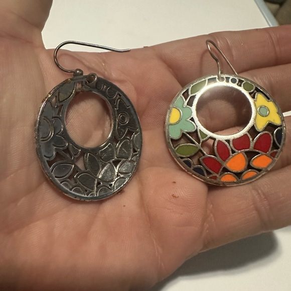 Rare Vintage Brighton Enamel Floral Hoop Earrings - Picture 2 of 2